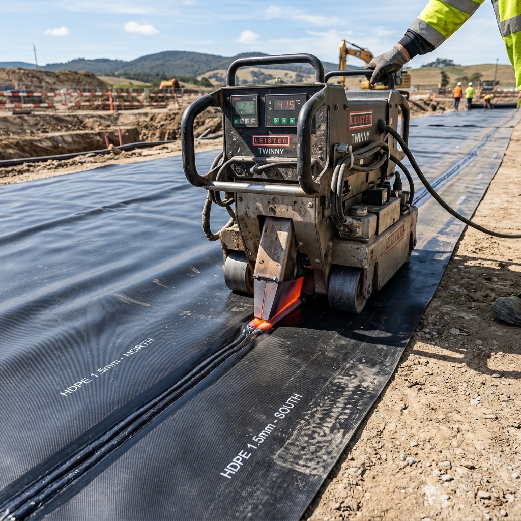 Gara geomembran listleriniň gyralarynda iki gatly kebşirleme döredýän awtomatiki kebşirleýji enjam